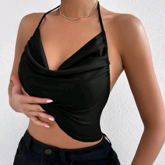 Satin cowl neck halter open back crop top - Picture 4 of 5